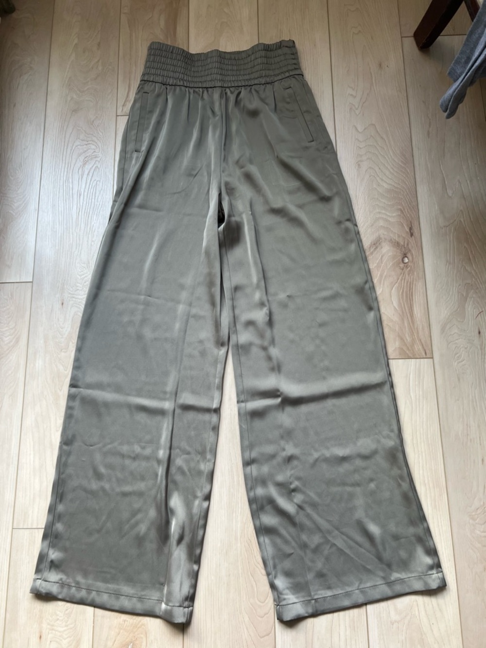 Wide Leg Satin Pants with Smocked Waist - Olive Green